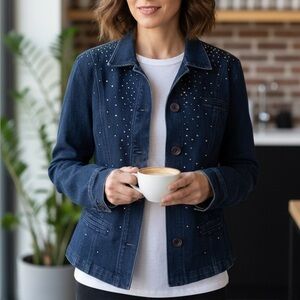 CHRISTINE ALEXANDER Dark Blue Jean Jacket with Studded Design. Size L